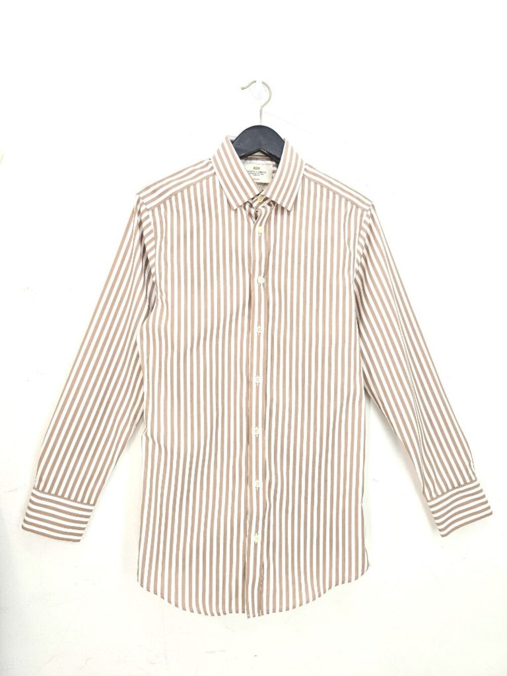 Hawes & Curtis  Tan White Striped Extra Slim NOn Iron Shirt Men Size 15 / 35